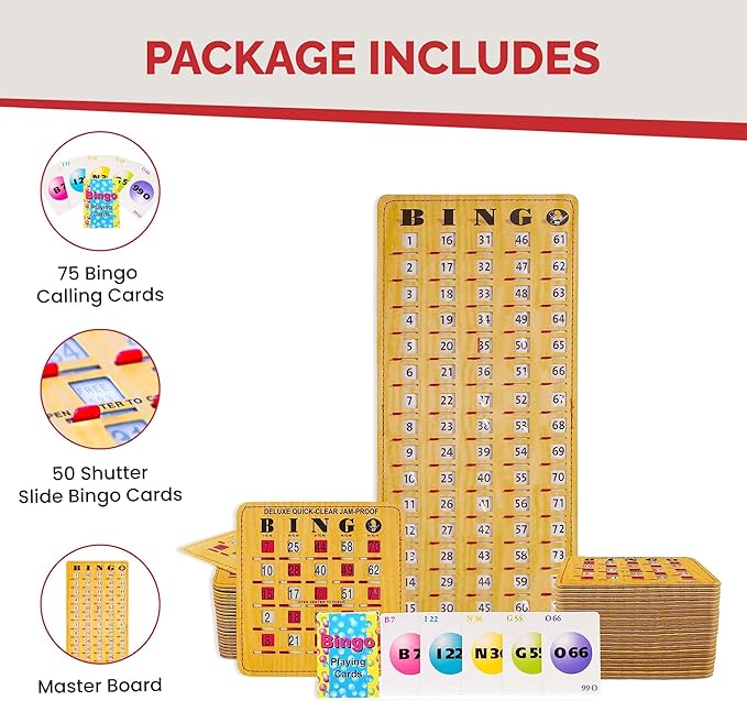 MR CHIPS Jam-Proof Bingo Cards with Sliding Windows, 50 Reusable Shutter Cards, 75 Calling Cards 1 Master Board in Woodgrain Style