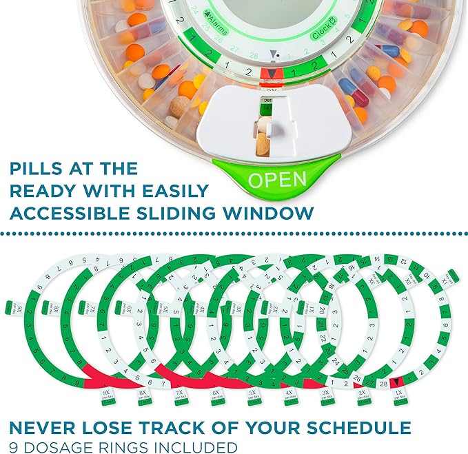 Live Fine 4-Week Pill Dispenser, Locking Pill Organizer, Clear Lid | Medication Organizer, 9 Dosage Rings, Jumbo LCD Display, Audio & Visual Alerts, Lockable Medicine Box