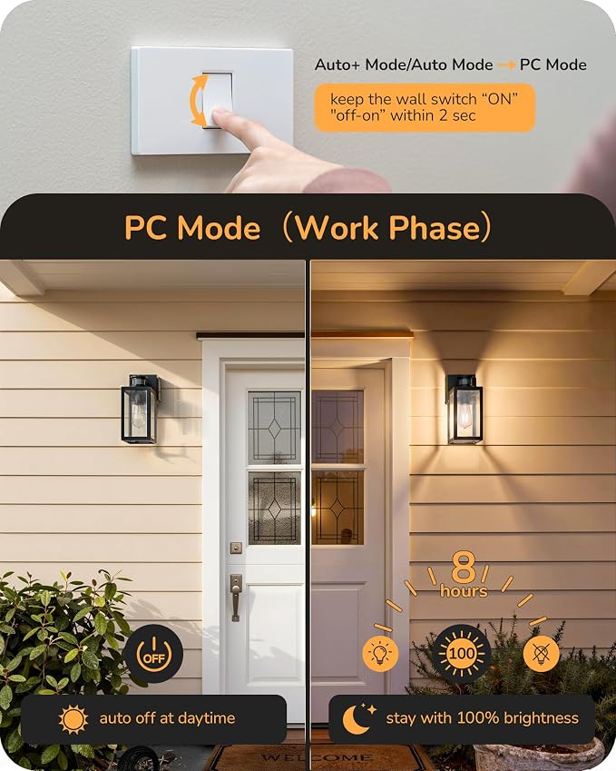 EDISHINE 2 Pack Outdoor Wall Light with Outlet Motion Sensor Dusk to Dawn | 3 Modes, GFCI, Anti-Rust & Waterproof, Clear Glass, Dimmable, E26, 12"H Exterior Porch Light for Front Door, Garage, Patio