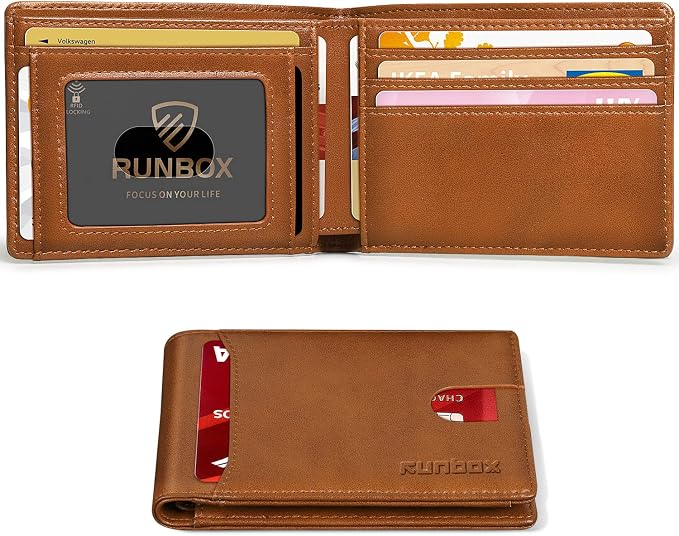 RUNBOX Wallet for Men, Slim Leather Bifold, RFID Blocking Card Holder | Minimalist Front Pocket Design, Credit Card Organizer, Holds 11 Cards, Large Capacity, Thin Profile, Birthday Gifts for Men
