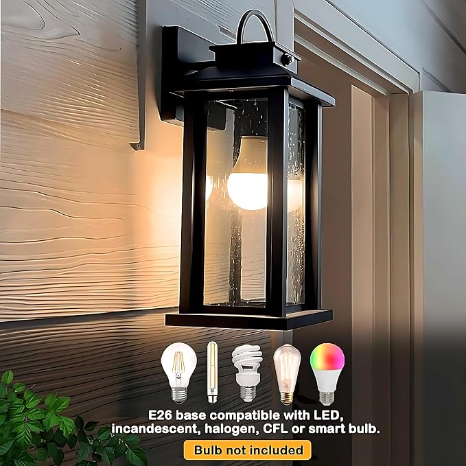 2-Pack 15.5 Inch Dusk to Dawn Outdoor Lighting Wall Mounted | Matte Black, E26 Socket, Hardwired, Clear Seeded Glass, Anti-Rust, Waterproof Outdoor Lights for House