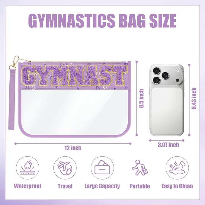 BuyCard Gymnastics Gifts Cosmetic Makeup Bag with Chenille Letter Patch, Clear Pouch PVC Organizer Purse, Waterproof Travel Bag, Portable Toiletry Storage Bag for Her Girls Friends Women