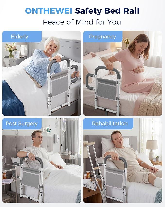 ONTHEWEI Bed Rails for Elderly Adults Safety, Bed Cane with Double Non-Slip Handle & Storage Pouch, Bed Assist Rails for Seniors and Post-Surgery Reduce Falls & Support Independence, Fits Most Bed