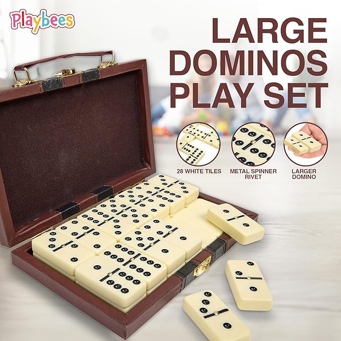 Playbees Jumbo Double Six Dominoes Set - 28 White Classic Tiles in Faux Leather Case - Fun Educational Toy for Kids, Boys, Girls, Classroom Kit, Classic Game Night Party Favors Set, Travel-Friendly