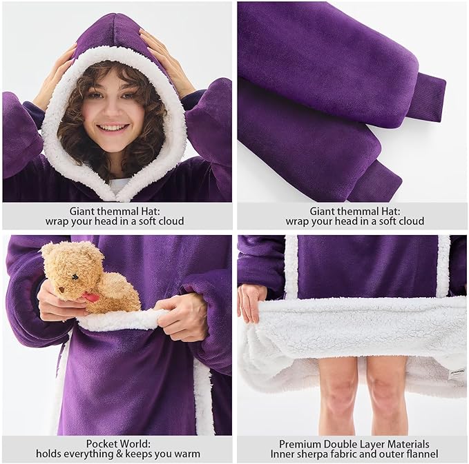 JOYWOO Purple Wearable Blanket Hoodie,Oversized Cat Lovers Sweatshirt Blanket for Adult,Birthday Gifts for Women,Mom,Grandma,Cozy Sherpa Hooded Blanket Giant Pocket Winter Gifts,Dark Purple Standard
