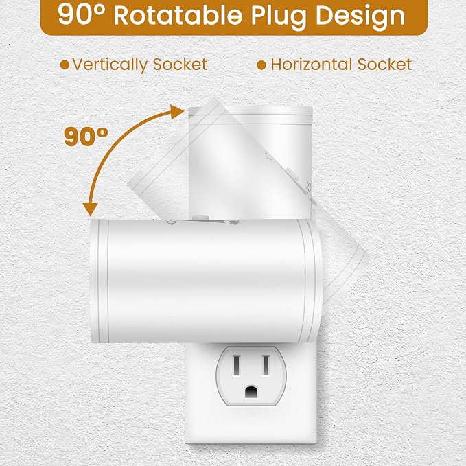4 Pack LED Plug-in Wall Night Light with Dimmable 0-300 Lumens, 3000K Soft White, Auto On/Off Light Sensor & Adjustable Head for Hallway, Stairs, Bedroom