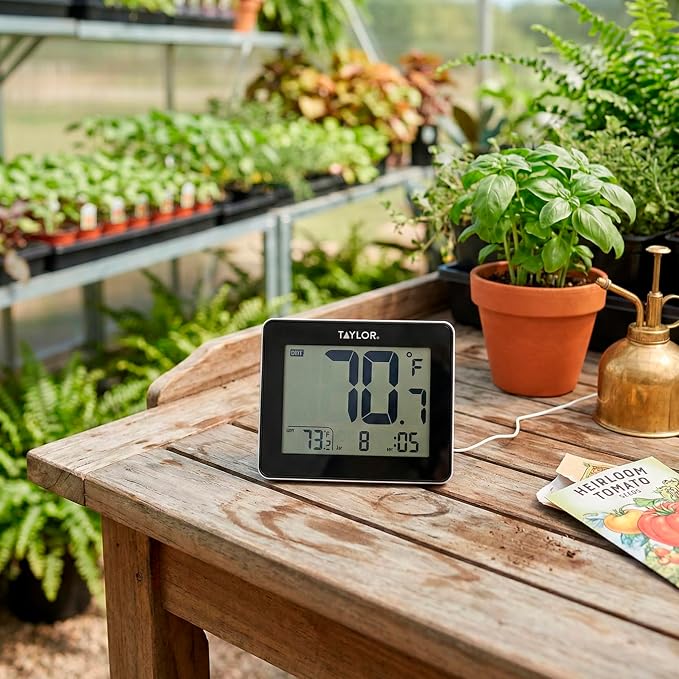 Taylor Wired Digital Indoor Outdoor Thermometer with LED Display, Wired Probe Sensor for Home, Greenhouse, Nursery, and Indoor Use, White Housing