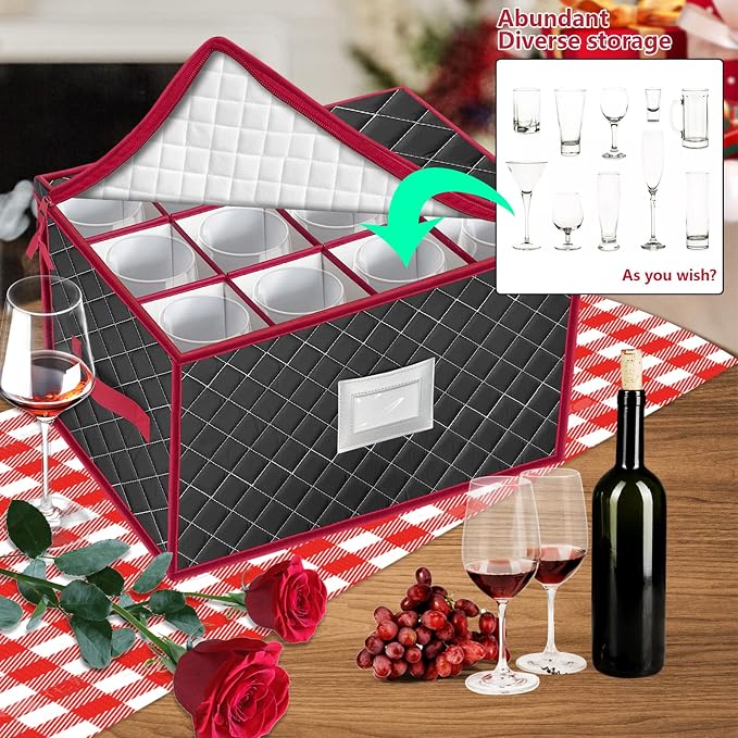 Christmas Stemware Storage Cases with Dividers- Holds 24 Wine Glass Storage or Crystal Glassware Containers, China Storage Containers with 2 Handles and Lable Window -Set of 2 Black