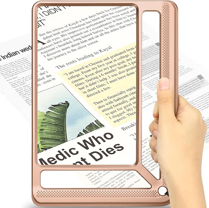 AKKYCVS 5X Full Page Magnifying Glass for Reading, Lightweight Rectangular Magnifier Provides Large Book Page Viewing Area, Handheld Magnifier for Reading Small Print for Seniors, Low Vision-Rose Gold