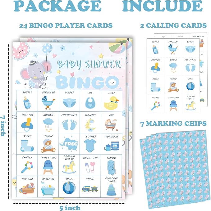 Baby Shower Bingo Game Cards Set for Guests Adults, Blue Elephant Baby Shower Party Bingo Game Gender Reveal Bingo Game for Family Friends Large Group Activity, Favors Supplies Decorations