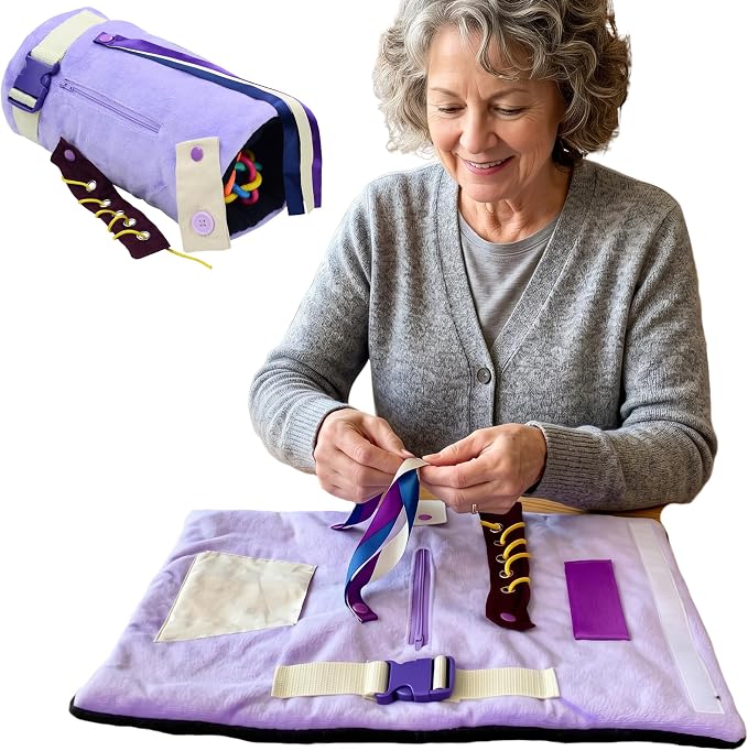 Modaliv 2-in-1 Sensory Fidget Blanket & Calming Muff, Lilac | Alzheimer's & Dementia Activity Mat for Adults, Anxiety Relief, Therapeutic Tactile Sensory Engagement