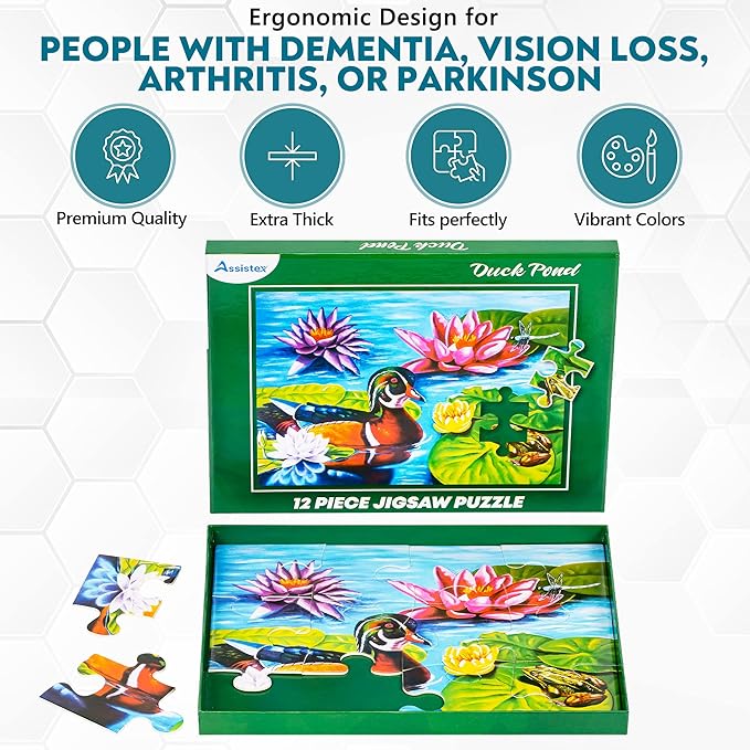 Assistex Large Piece Jigsaw Puzzle for Seniors with Dementia with Conversation Prompts, Large Piece Memory Game for Adults, Elderly, and Dementia Patients – Duck Pond Puzzle, 12 pcs