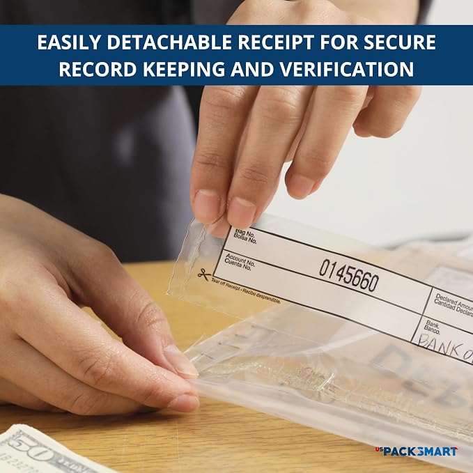 Clear Plastic Deposit Bags 9"x12" | Secure Bank Deposits, Cash Handling or Safe Currency Transportation | Sequential Barcodes | Tamper-Evident | Tear-Off Receipt for Security | 100-Pack