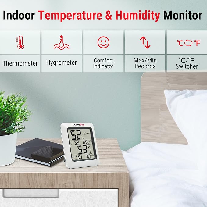 TempPro TempAir Digital Hygrometer Indoor Thermometer Room Thermometer | Humidity Meter Humidity Gauge with Temperature Humidity Monitor for House Office Celler Kitchen Greenhouse RV, 2 Pack
