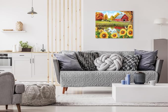 Adult Jigsaw Puzzle 1000 Piece Farm Scene | Features sunflowers, birds, and cows at a country barn. Challenging. Great for game nights on a table, puzzleboard, or floor.