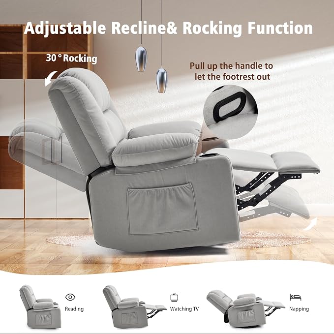 Ketaiyou Swivel Rocker Recliner Chair for Adults with Massage and Heat, Cup Holders and Side Pockets, Glider Rocking Reclining Single Sofa Chair for Living Room (L Grey)