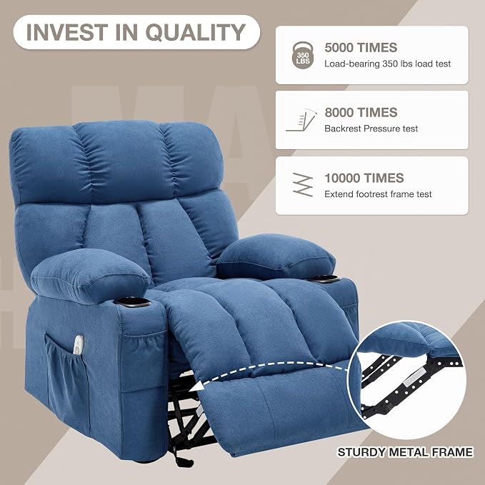 Massage Rocker Recliner Chair with Heat and Vibration Ergonomic Rocking Lounge Chair for Living Room Comfy Overstuffed Recliner with 4 Side Pockets, 2 Cup Holders, Blue