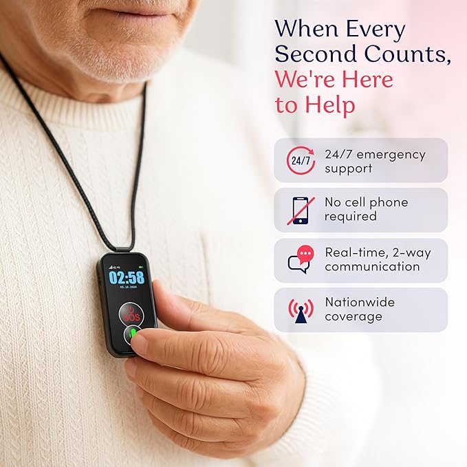 Cellular Medical Alert Necklace with Emergency Button for Elderly, 24/7 Monitoring, Fall Detection for Seniors, Water-Resistant, Wearable Pendant with 2-Way Communication, GPS Tracking