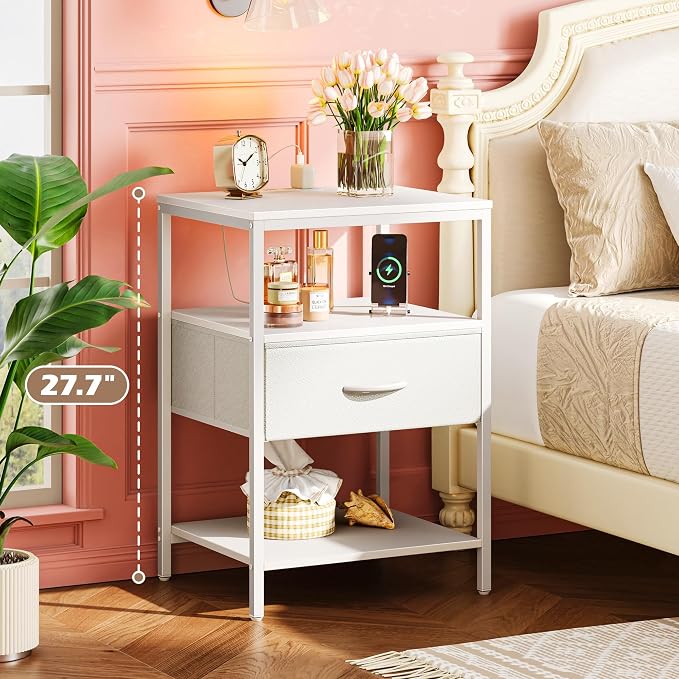 SUPERJARE Nightstand with Charging Station, USB-C Port, Bedside Table | 27.7 Inch Tall Nightstand with Adjustable Fabric Drawer, Large Dresser for Bedroom, Living Room, White