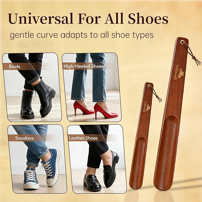 Wooden Shoe Horn Set, 15'' Long Handle for Seniors & Adults, 10.25'' Short Shoe Spoon for Kids, 2-Pack Boot Horn