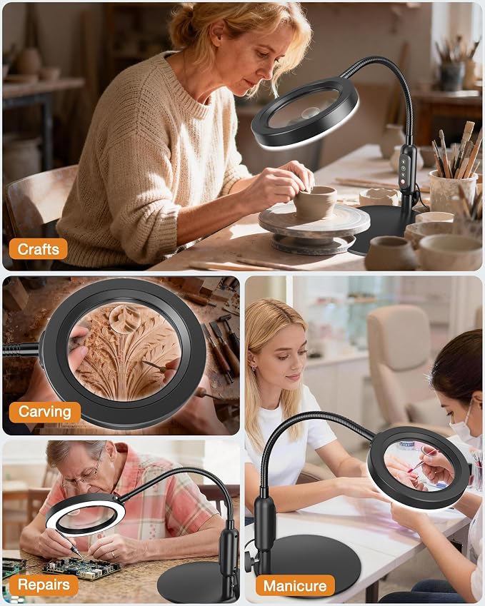 30X 10X Magnifying Glass with Light and Stand, 5 Color Modes Stepless Dimmable, Optical Grade HD Lens, LED Lighted Magnifier Hands Free with 20.5in Flexible Gooseneck for Close Work - Black