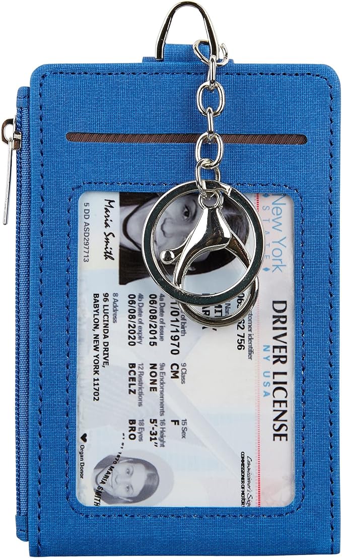 Women & Men Keychain Card Holder Case Zipper Slim Minimalist Front Pocket Wallet with 2 ID Window, Royal Blue