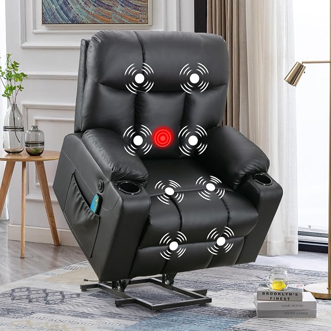 Bonzy Home Power Lift Recliner Chair with Heat and Massage, Faux Leather | Oversized Lift Chair for Adults Elderly Upholstered Massage Recliner with 2 Cup Holders, Side Pocket, Black
