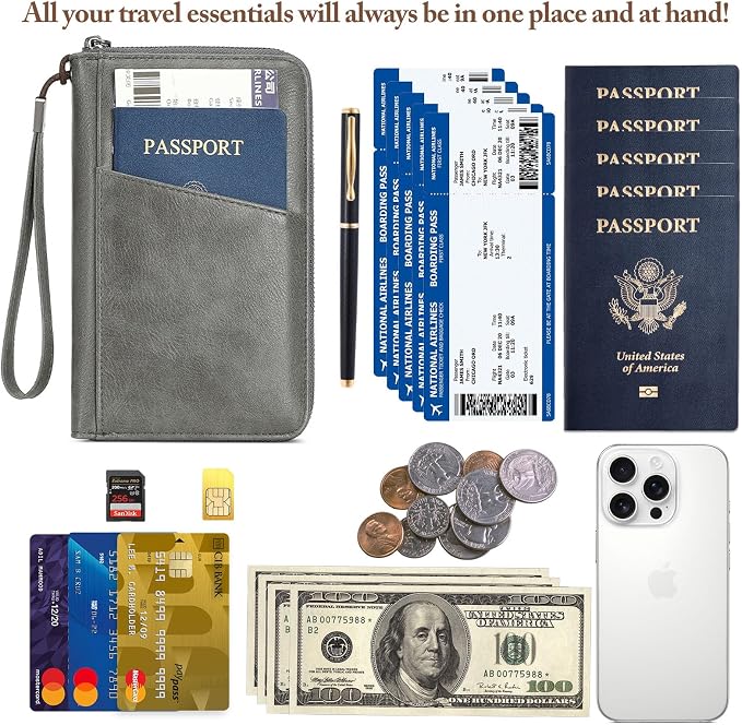 Family Passport Holder for Travel Women and Men Multiple RFID blocking Passport Holder MultiFunction Passport Wallet Passport Case Passport cover with Zipper