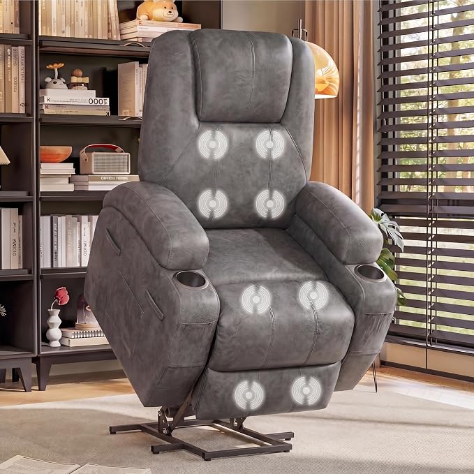 Flamaker Power Lift Recliner Chair Electric Lift Recliner for Elderly | Power Lift Recliner Chair with Cup Holders Side Pockets for Living Room (Leathaire, Light Gray)
