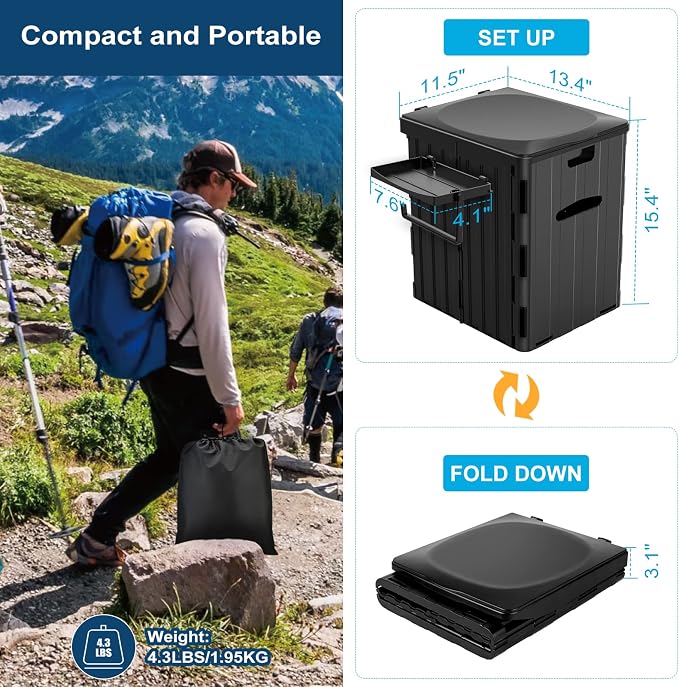 XL Portable Toilet for Adults, Extra Large 15.4"H Foldable Camping with Detachable Phone Shelf and Paper Holder, Waterproof Porta Potty Lid Camping, Hiking, Long Road Trips, Car