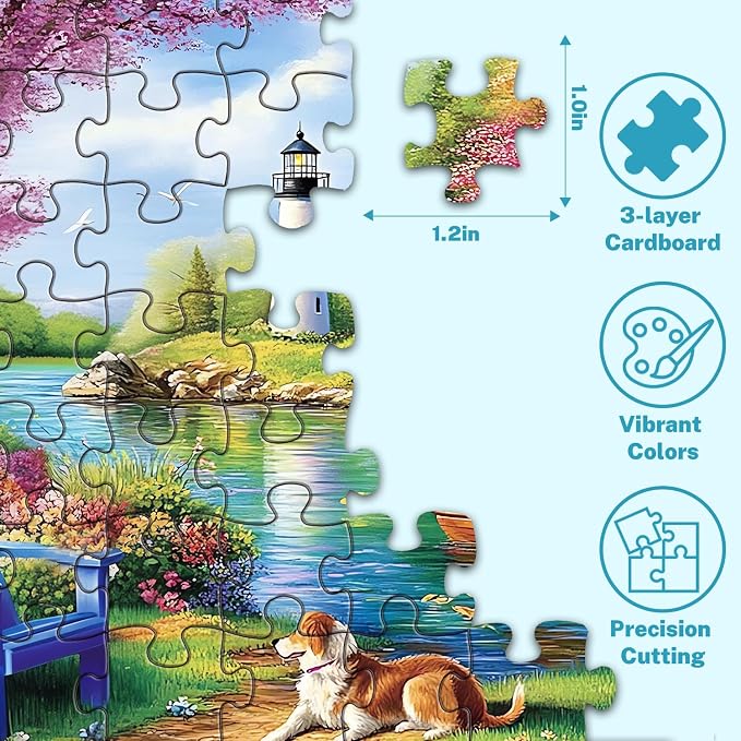 500 Piece Puzzle for Adults, Lighthouse Lake Landscape Jigsaw Puzzle with Dog, Garden Boat Scene, Puzzles for Adults 500 Pieces with Letters on Back, Cozy Nature Gift 20.5 x 15 in