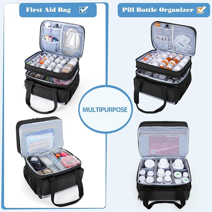 CURMIO Double Layers Pill Bottle Organizer, Medicine Storage Case, Black | Emergency Medical Supplies for Home Care, for First Aid Kits, Multifunctional Bag, Home Storage, Dormitory, Travel, Empty Bag