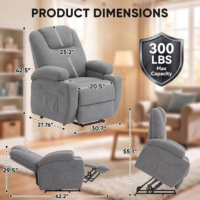 Flamaker Power Lift Chair Massage Recliner Chairs for Elderly | Ergonomic Lift Recliner Design with Cup Holders & Side Pockets, Remote Control (Gray)