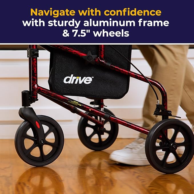 Drive Medical Deluxe Foldable Rollator Walker, Black and Red | Folding Rollator Walker with Padded Seat and Backrest for Compact Storage and Easy Everyday Mobility Support