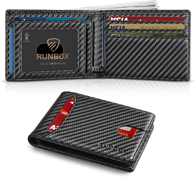 RUNBOX Wallet for Men, Slim Leather Bifold, RFID Blocking Card Holder | Minimalist Front Pocket Design, Credit Card Organizer, Holds 11 Cards, Large Capacity, Thin Profile, Birthday Gifts for Men