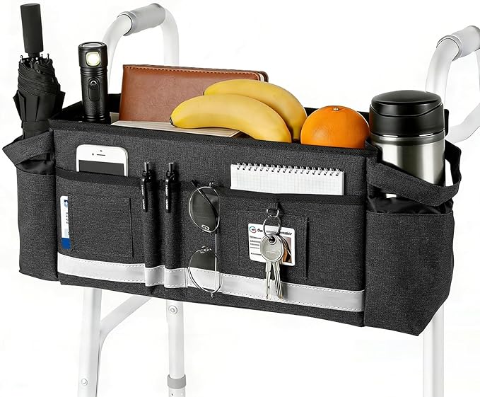 AMEDELE Walker Basket for Seniors With Cup Holder, Foldable Walker Bag with Large Capacity,Walker Accessories for Folding Walker-Not Fit for Rollator (Black)