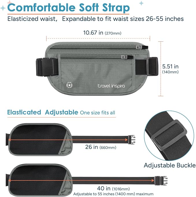 Money Belt Travel Fancy Pack with Slim Anti-Theft RFID Blocking | Waist for Travel Concealed under Clothes for Ultimate Protection of Credit Cards, Cash, Passport & Documents, Grey