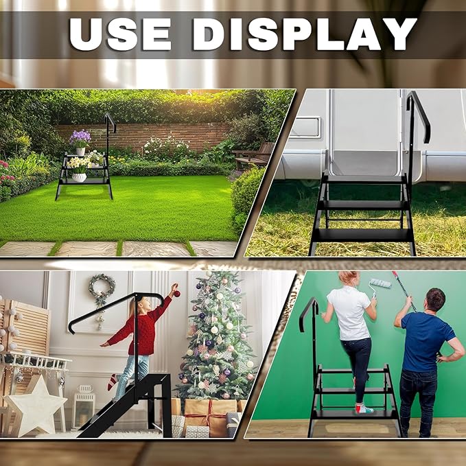 Step Ladder, Foldable Step Stool, 3 Step Folding RV Steps with Handrail, Camper Steps Outdoor, for Reaching High, Travel Trailer, Mobile Home, Spa