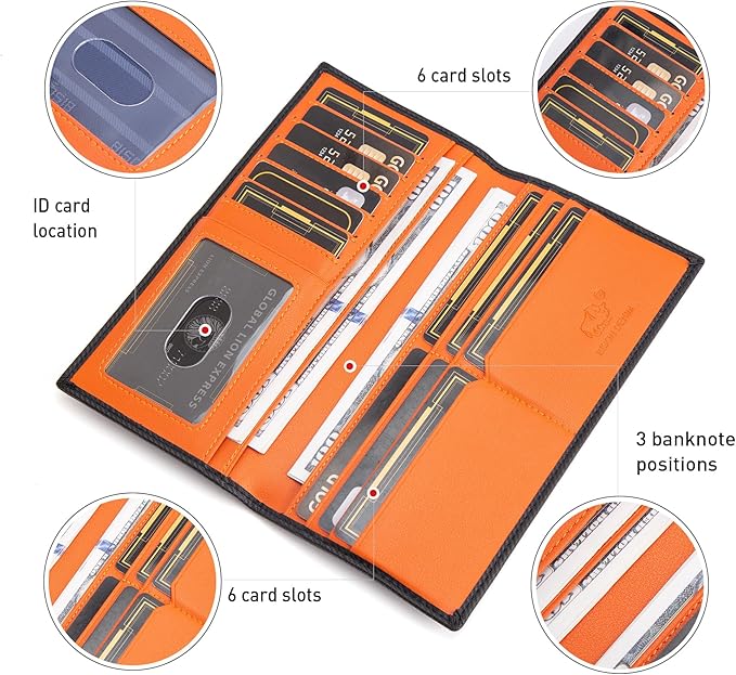 BISON DENIM Long Wallet for Men, RFID Leather Bifold, 12 Card Slots, Orange | mens long bifold wallet checkbook billfold credit card holder id window zipper coin pocket slim cowhide purse organizer