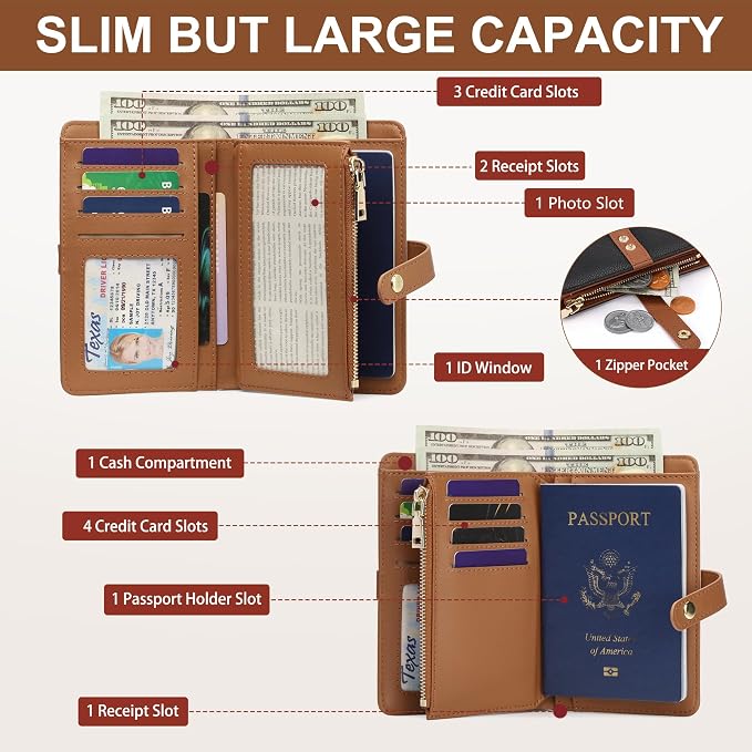 Small Wallet Women RFID Blocking Vegan Leather Slim Thin Bifold Credit Card Wallet Passport Holder Ladies Travel Wallet Mini Purse with Zipper Pocket