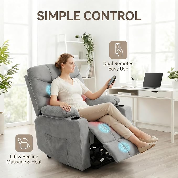 Electric Power Lift Recliner Chair for Elderly, Lift Recliner Chair with Massage and Lumbar Heat, 150° Reclining Chair with Cup Holders, Side Pockets and Remote Control, Ideal for Living Room (Grey)