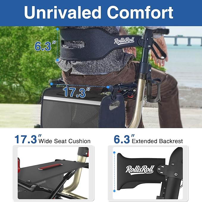 Walkers for Seniors with Seat, Foldable Rollator Walker, Reinforced Aluminum Frame, 10" Big Rubber Wheels for All Terrain, Built-in Cable, Lightweight Rolling Walker, Golden