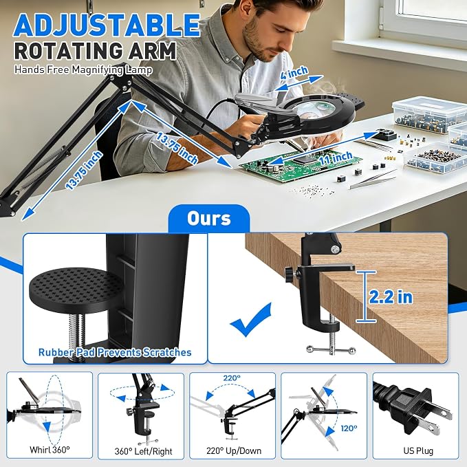 KIRKAS 12X 30X LED Magnifying Lamp with Clamp, 2,200 Lumens Dimmable Bright | 28in Adjust Swivel Arm Magnifying Glass with Light for Repair Reading Craft Needlework Hobby Workbench Magnifier Dust Cover