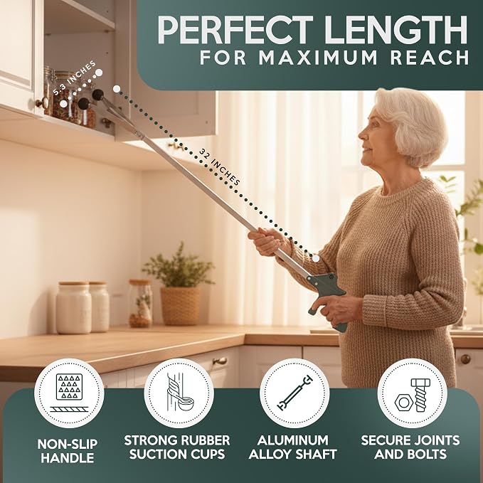 32" Suction Cup Grabber Reacher – Extra Long Reach Pick Up Tool for Seniors, Heavy Duty Trash & Litter Picker, Easy Grip Handle for Effortless Cleaning and Comfort