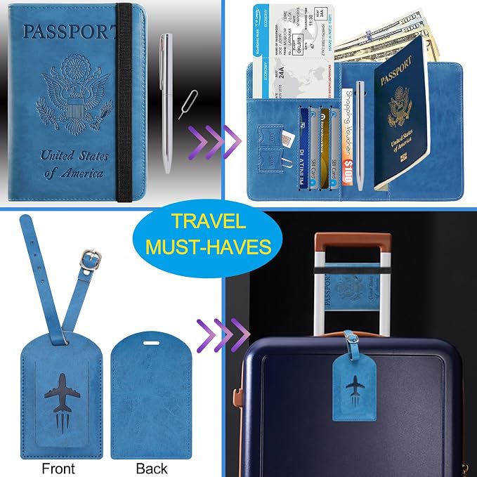 Passport Holder With Luggage Tag, Travel Essentials, Passport Cover | Passport Wallet, Travel Accessories, RFID Blocking, Synthetic Leather Card Case, International Must Haves, For Women Men