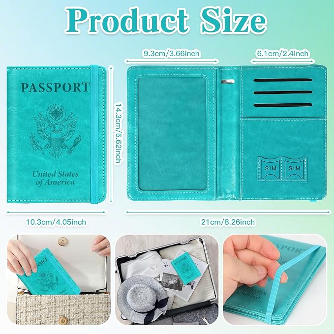 Passport Holder for Travel, RFID Blocking Passport Cover with Pen Holder Leather Passport Wallet Case Travel Must Haves Accessories Passport Book Card Holder for Family Travel Essentials, Turquoise