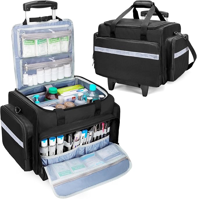 Damero Rolling Medical Bag with Detachable Trolley & Cover Fixed Strap | Medical Bag On Wheels with Inner Dividers, Bottom Support Board, Shoulder Strap for Home Health Nurses, Doctors, EMT, EMS