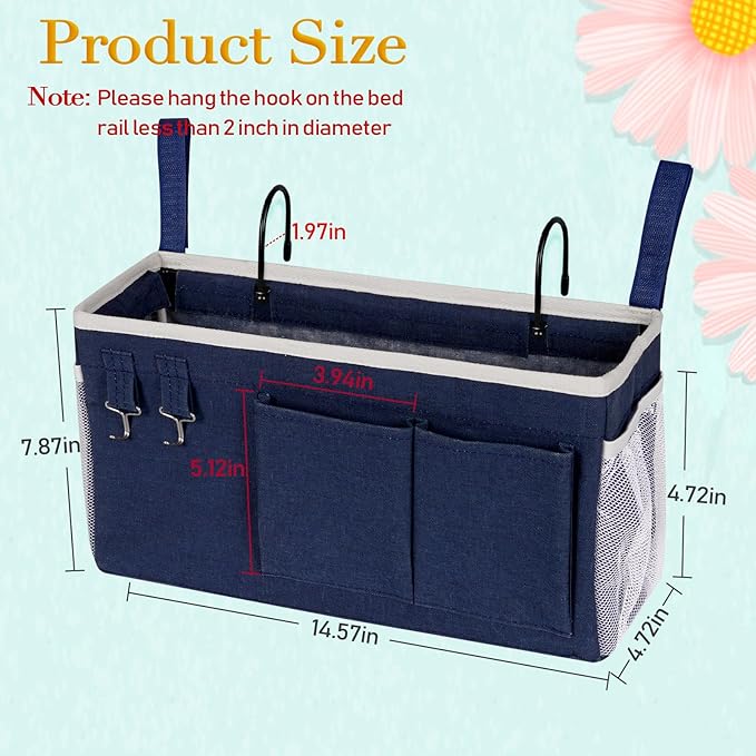 Bedside Caddy Bedside Storage Bag for Headboards/Bunk Bed | Hanging Bed Caddy with Hooks fits Bunk bed Hospital Beds Dorm Bed Rails, Essentials for Phones, Books, Remotes, Water Bottles
