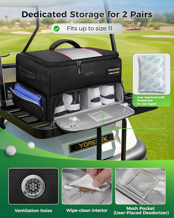 YOREPEK Upgraded Golf Trunk Organizer with Removable Insulated Pouch | Golf Gifts for Men, Golf Organizer with Dust-Proof Protective Layer, Multi-Compartment fit 2 Pairs of Shoes, Golfing Stuff