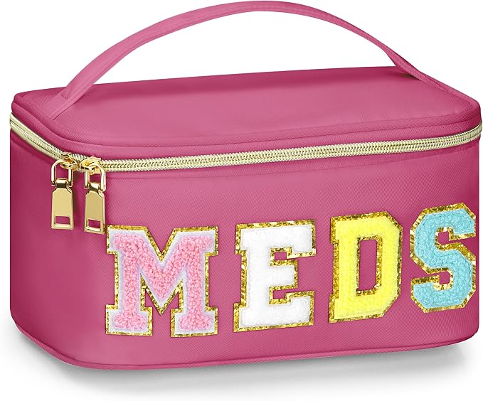 BuyCard Medicines Chenille Letter Bag Nylon Meds Makeup Pouch Preppy Path with Zipper and Handle Cosmetic Toiletry Storage Purse for Women Rose Red